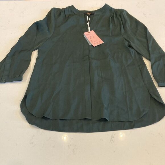 NEW Quince Washable Mulberry Silk Pleat Back 3/4 Puff Sleeve Blouse Green XS - Picture 4 of 10